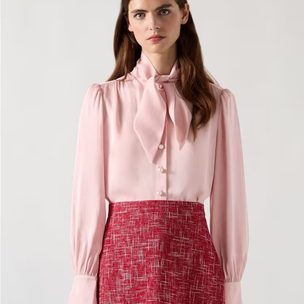 LK Bennett Hall Pink Viscose Crepe Tie Neck Blouse